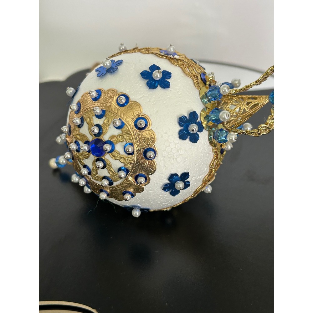 Ornament Christmas White Blue Gold Beaded Sequin Faux Pearl Collectible Handmade